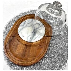 Dolphin Vintage Teakwood Cheese Serving Tray Cutting Board Marble with Glass Lid